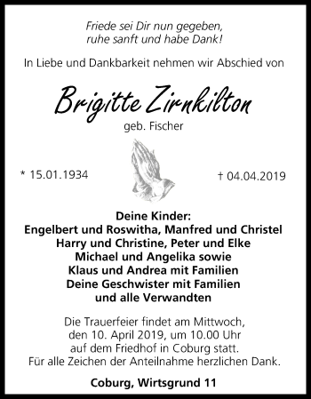 Anzeige von Brigitte Zirnkilton von MGO