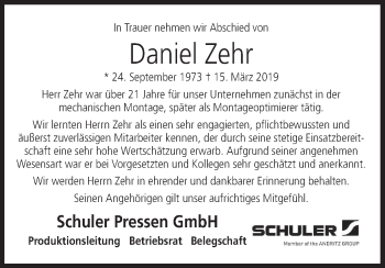 Anzeige von Daniel Zehr von MGO