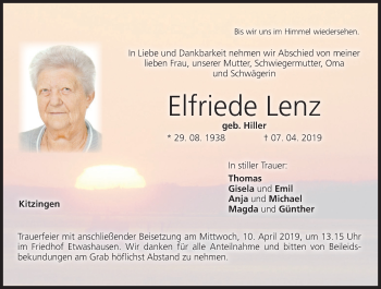 Anzeige von Elfriede Lenz von MGO