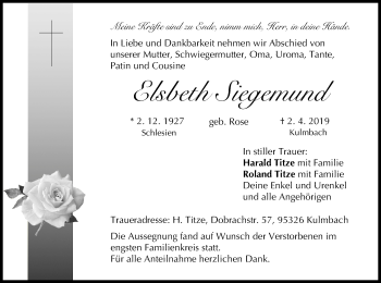 Anzeige von Elsbeth Siegemund von MGO