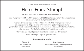 Anzeige von Franz Stumpf von MGO