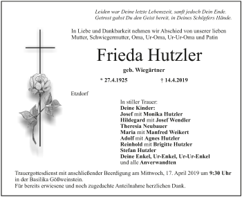 Anzeige von Frieda Hutzler von MGO