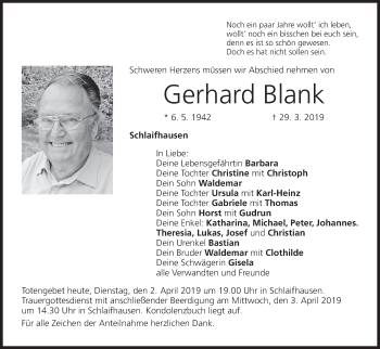 Anzeige von Gerhard Blank von MGO