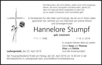 Anzeige von Hannelore Stumpf von MGO