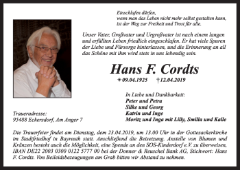 Anzeige von Hans F. Cordts von MGO