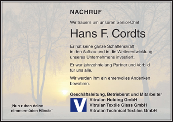 Anzeige von Hans F. Cordts von MGO