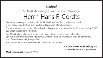 Anzeige von Hans F. Cordts von MGO