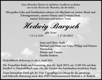 Anzeige von Hedwig Barysch von MGO