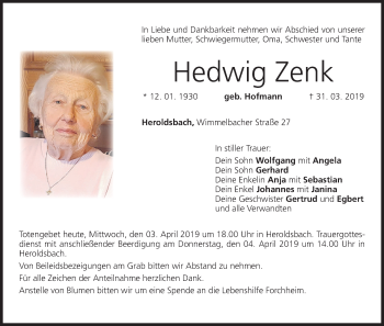 Anzeige von Hedwig Zenk von MGO