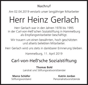 Anzeige von Heinz Gerlach von MGO