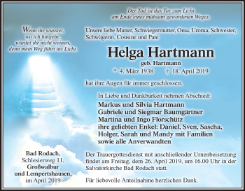 Anzeige von Helga Hartmann von MGO