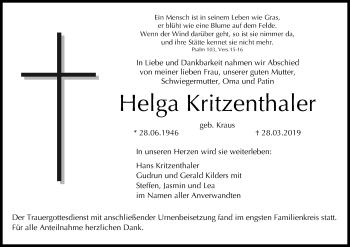 Anzeige von Helga Kritzenthaler von MGO