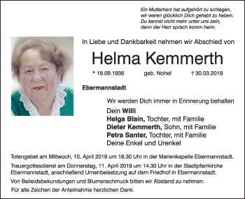 Anzeige von Helma Kemmerth von MGO
