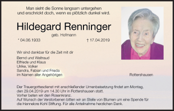 Anzeige von Hildegard Renninger von MGO