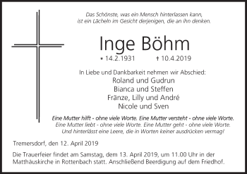 Anzeige von Inge Böhm von MGO