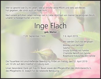 Anzeige von Inge Flach von MGO