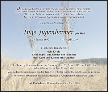 Anzeige von Inge Jugenheimer von MGO