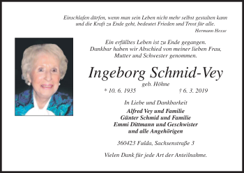 Anzeige von Ingeborg Schmid-Vey von MGO