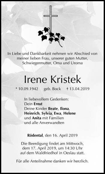 Anzeige von Irene Kristek von MGO