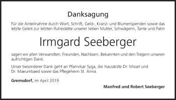 Anzeige von Irmgard Seeberger von MGO