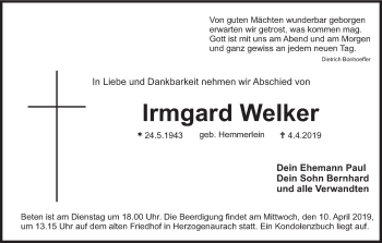 Anzeige von Irmgard Welker von MGO
