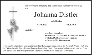 Anzeige von Johanna Distler von MGO