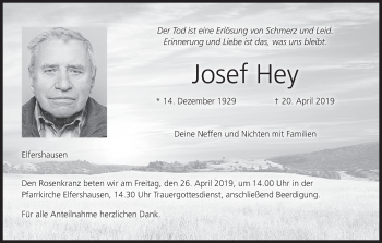 Anzeige von Josef Hey von MGO