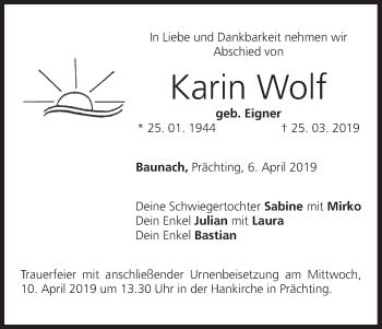 Anzeige von Karin Wolf von MGO