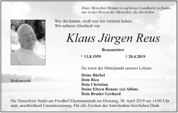 Anzeige von Klaus Jürgen Reus von MGO