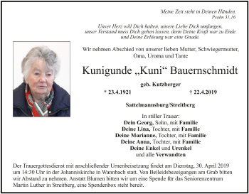 Anzeige von Kunigunde Bauernschmidt von MGO