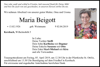 Anzeige von Maria Beigott von MGO