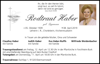 Anzeige von Rodtraut Haber von MGO