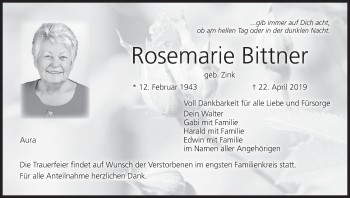 Anzeige von Rosemarie Bittner von MGO