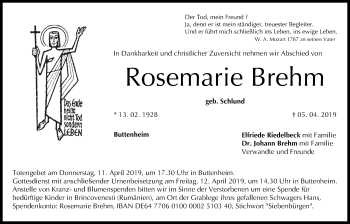 Anzeige von Rosemarie Brehm von MGO