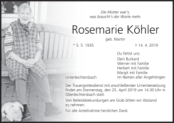 Anzeige von Rosemarie Köhler von MGO
