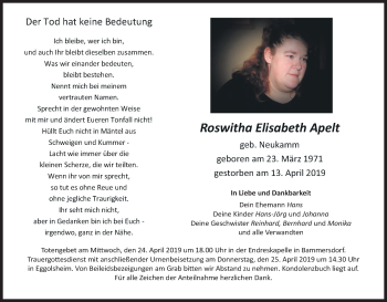 Anzeige von Roswitha Elisabeth Apelt von MGO