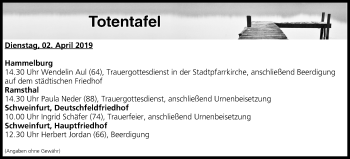 Anzeige von Totentafel vom 02.04.2019 von MGO