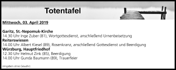 Anzeige von Totentafel vom 03.04.2019 von MGO