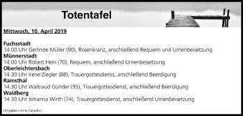 Anzeige von Totentafel vom 10.04.2019 von MGO