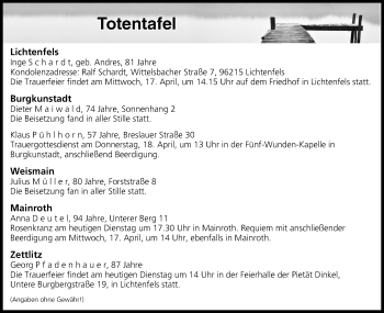 Anzeige von Totentafel vom 16.04.2019 von MGO