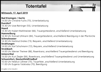 Anzeige von Totentafel vom 17.04.2019 von MGO