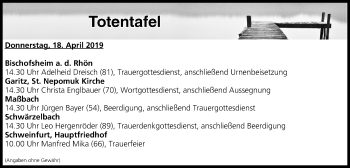Anzeige von Totentafel vom 18.04.2019 von MGO