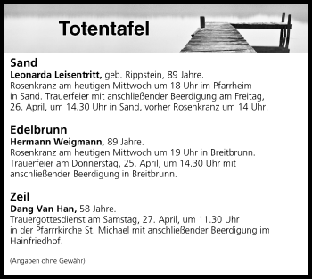 Anzeige von Totentafel vom 24.04.2019 von MGO