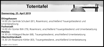 Anzeige von Totentafel vom 25.04.2019 von MGO