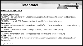 Anzeige von Totentafel vom 27.04.2019 von MGO