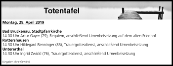 Anzeige von Totentafel vom 29.04.2019 von MGO