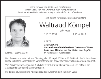Anzeige von Waltraud Kömpel von MGO
