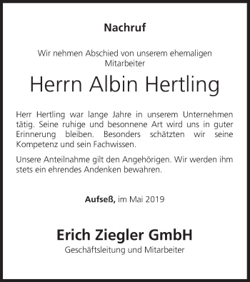 Anzeige von Albin Hertling von MGO