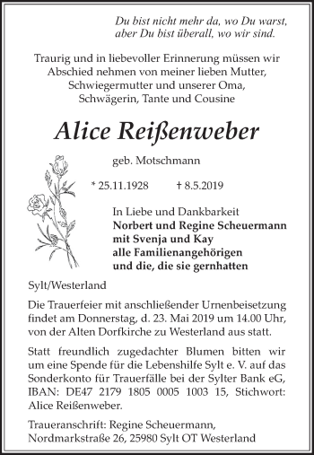 Anzeige von Alice Reißenweber von MGO
