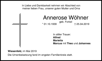 Anzeige von Annerose Wöhner von MGO